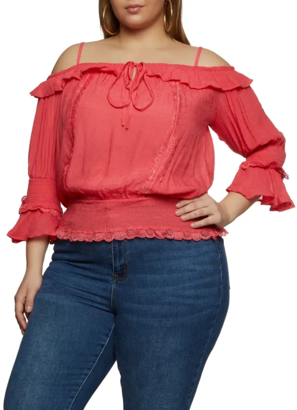 Plus Size Lace Trim Smocked Waist Peasant Top sold by Rainbow