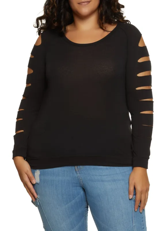 Plus Size Slashed Long Sleeve Scoop Neck Top sold by Rainbow