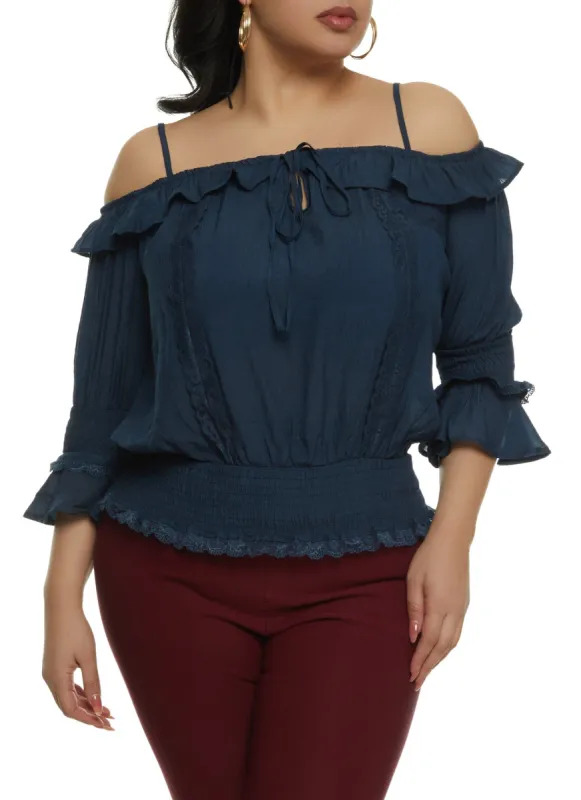 Plus Size Lace Trim Smocked Waist Peasant Top sold by Rainbow