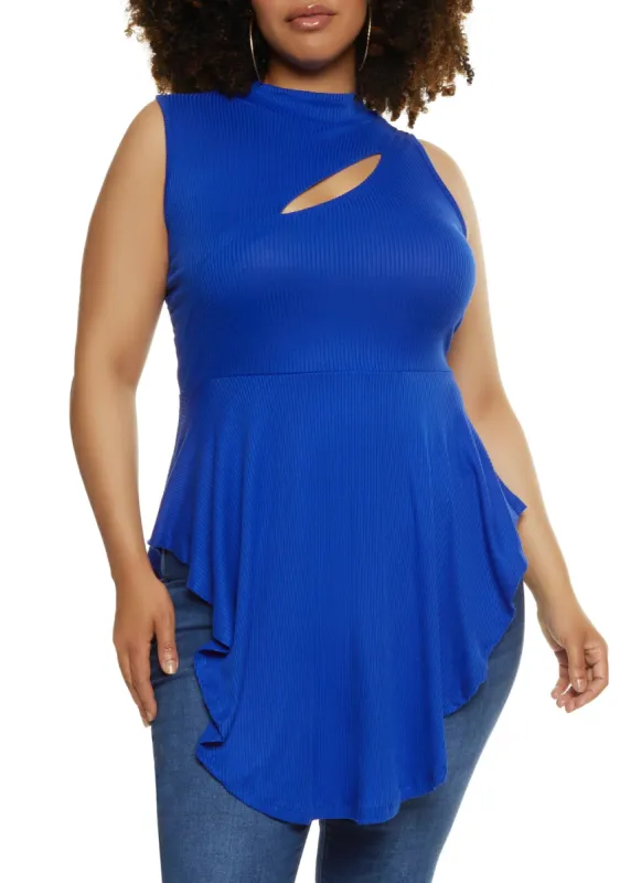 Plus Size Mock Neck Cut Out Hanky Hem Top sold by Rainbow