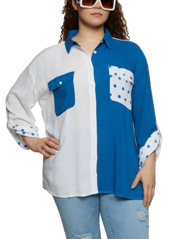 Plus Size Color Block Polka Dot Button Front Shirt sold by Rainbow
