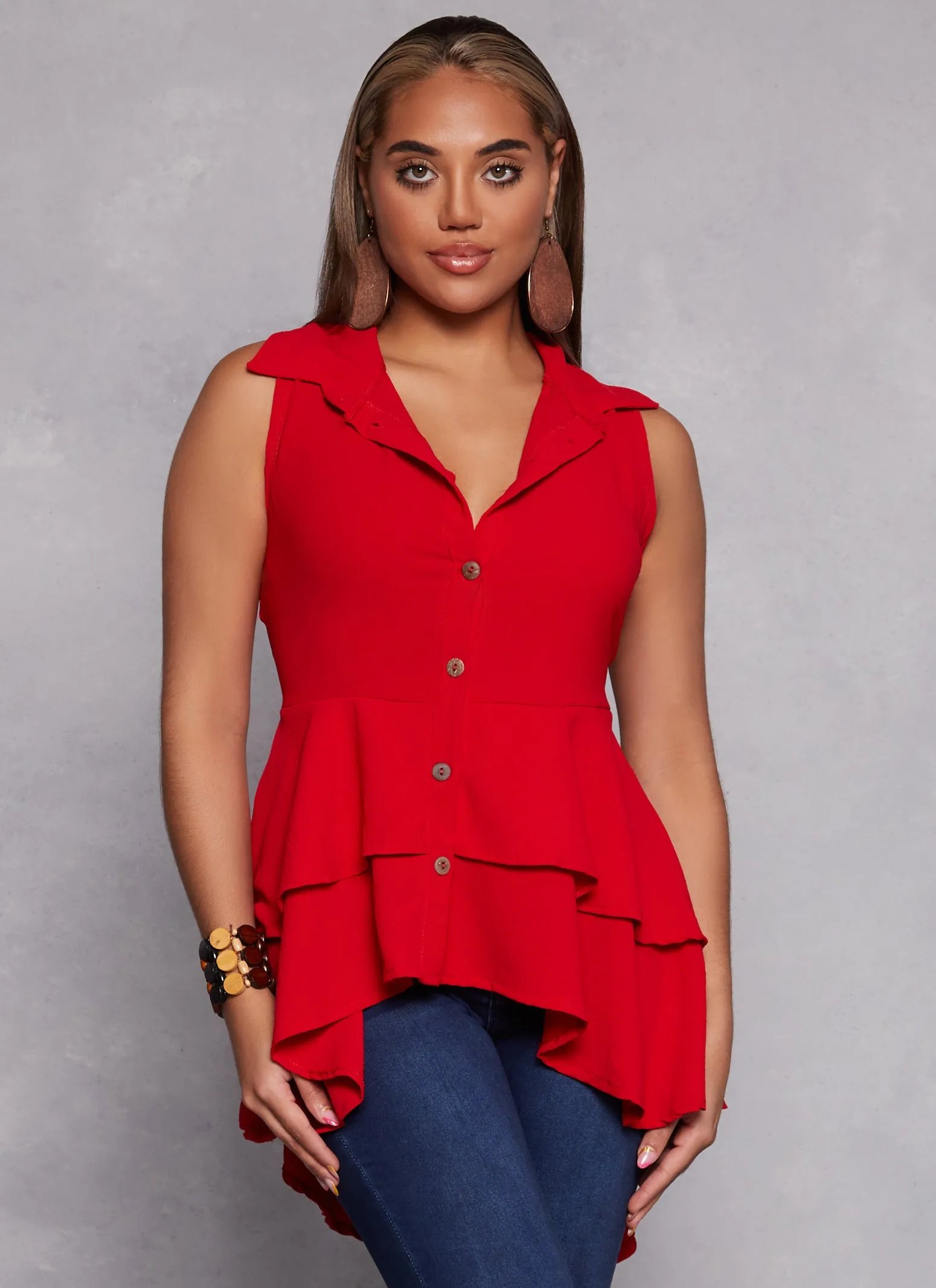 Sleeveless Button Down Tiered High Low Top sold by Rainbow