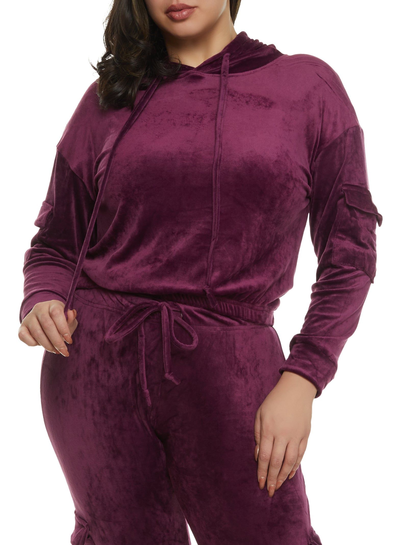 Plus Size Velour Cargo Pocket Sleeve Hoodie sold by Rainbow