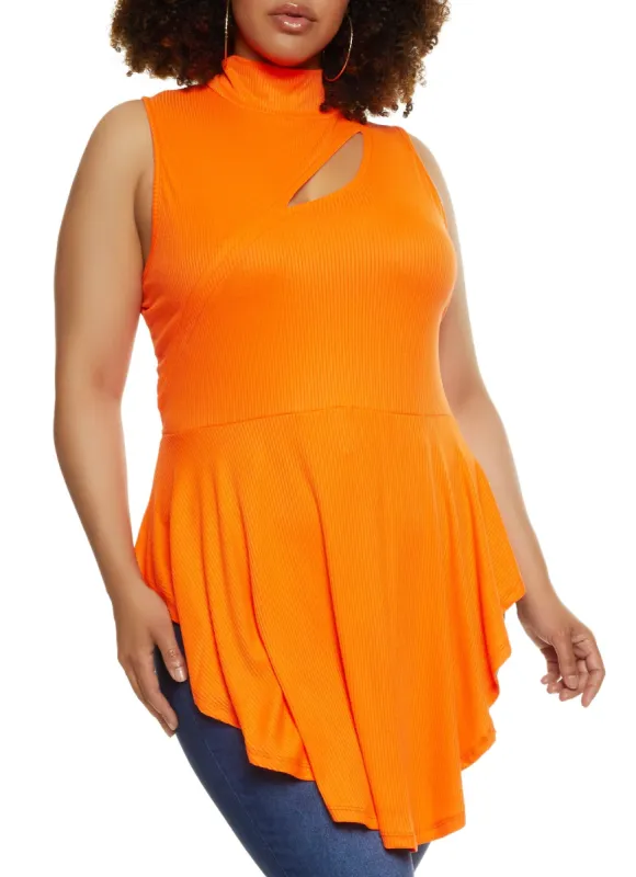 Plus Size Mock Neck Cut Out Hanky Hem Top sold by Rainbow