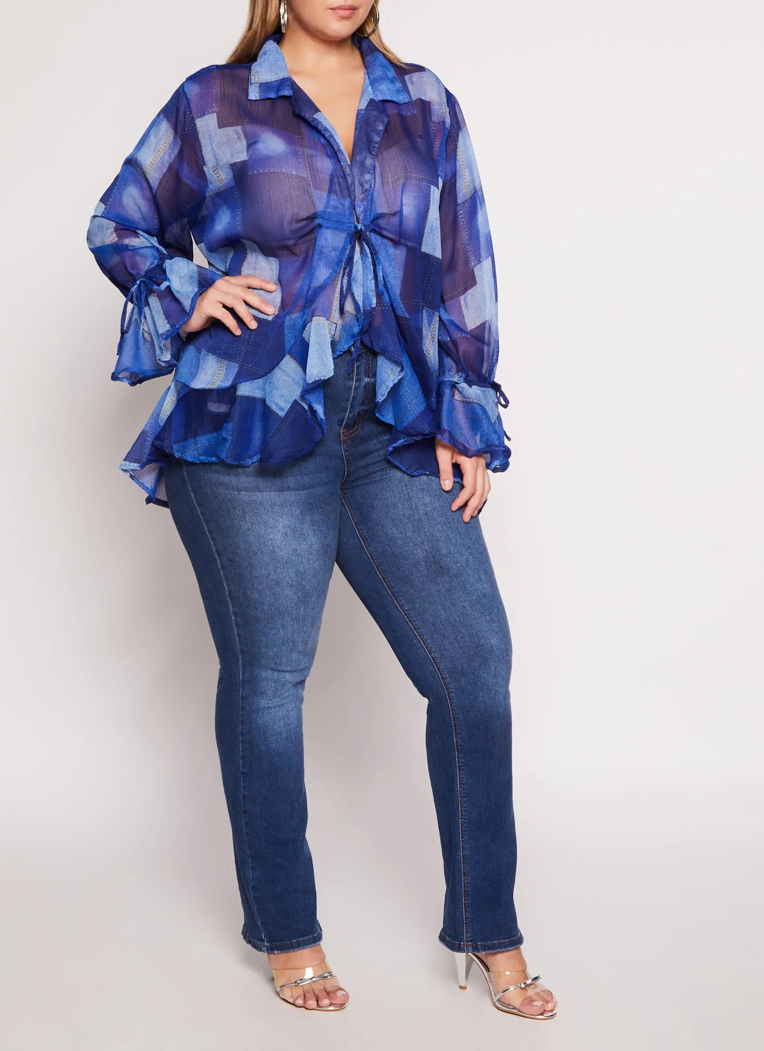 Plus Size Chiffon Patterned Tie Sleeve Tie Front Blouse sold by Rainbow product image thumbnail 2
