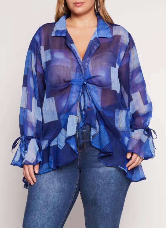 Plus Size Chiffon Patterned Tie Sleeve Tie Front Blouse sold by Rainbow