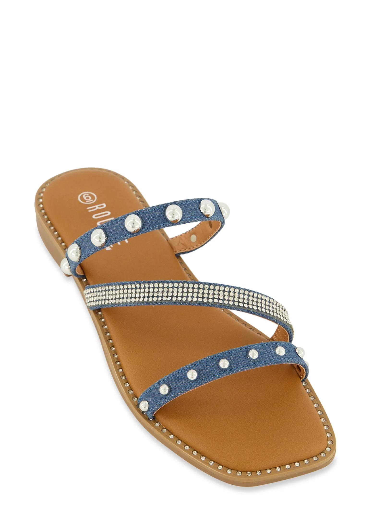 Rhinestone Studded Asymmetrical Strap Slide Sandals sold by Rainbow