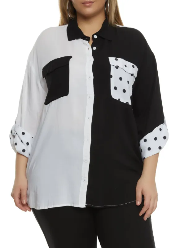 Plus Size Color Block Polka Dot Button Front Shirt sold by Rainbow