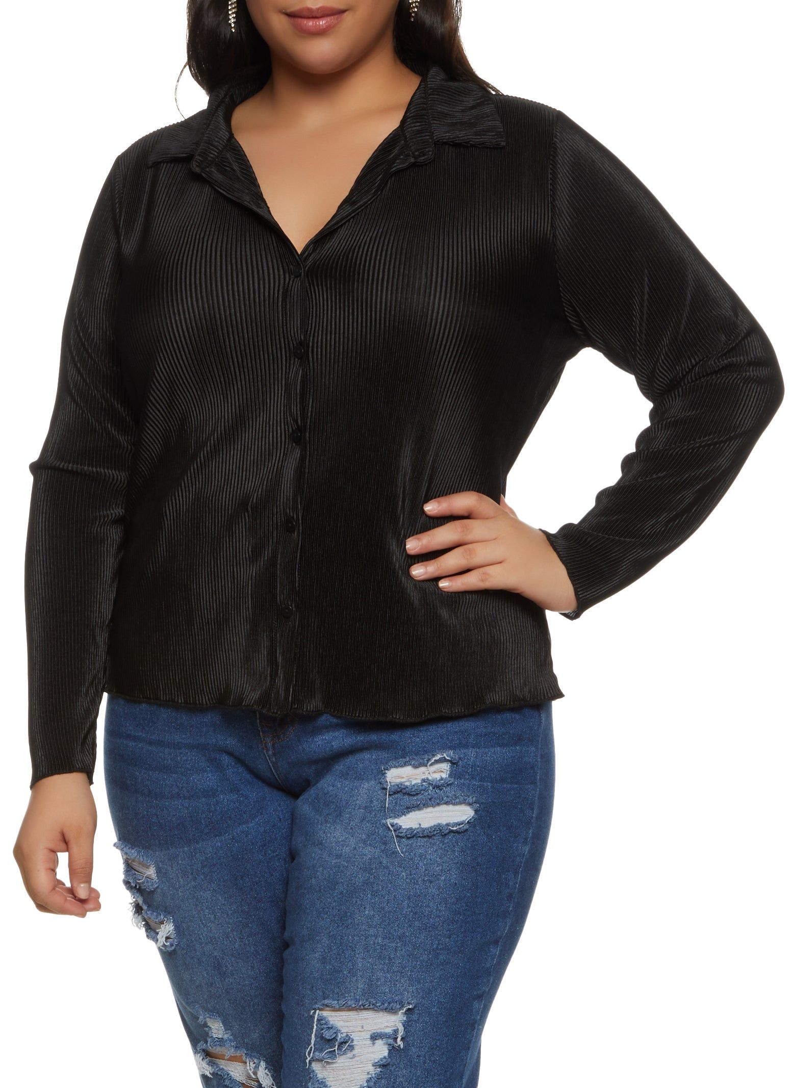 Plus Size Plisse Collared Button Front Shirt sold by Rainbow