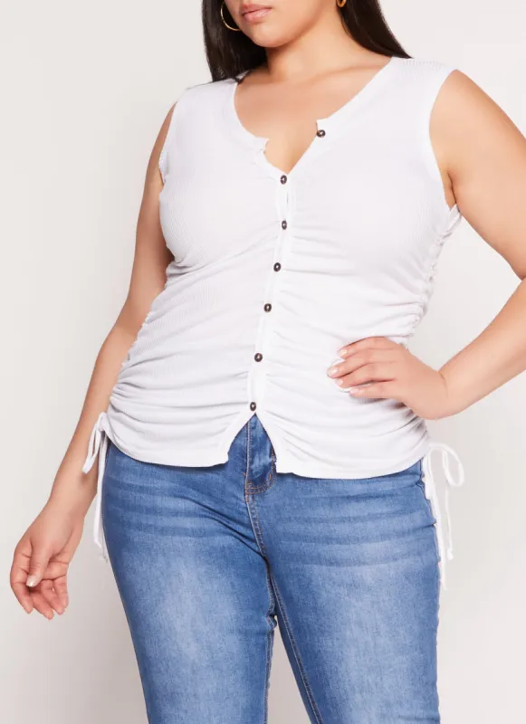 Plus Size Rib Knit Ruched Side Button Front Tank Top sold by Rainbow