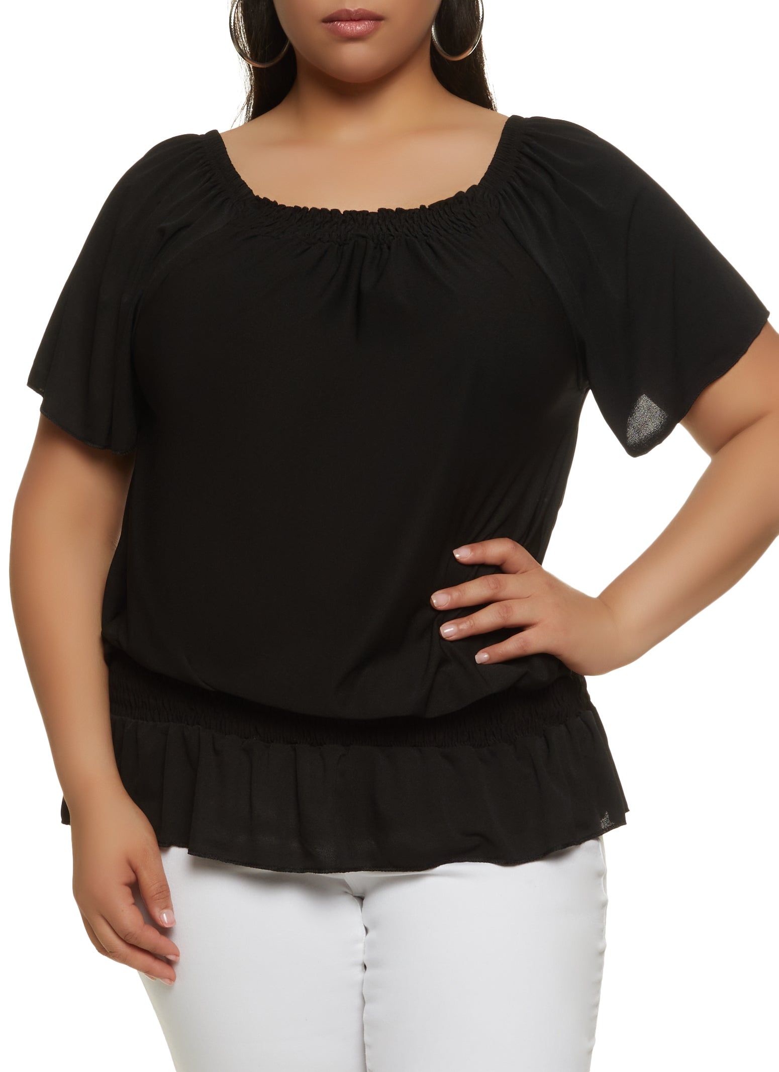 Plus Size Square Neck Smocked Waist Blouse sold by Rainbow