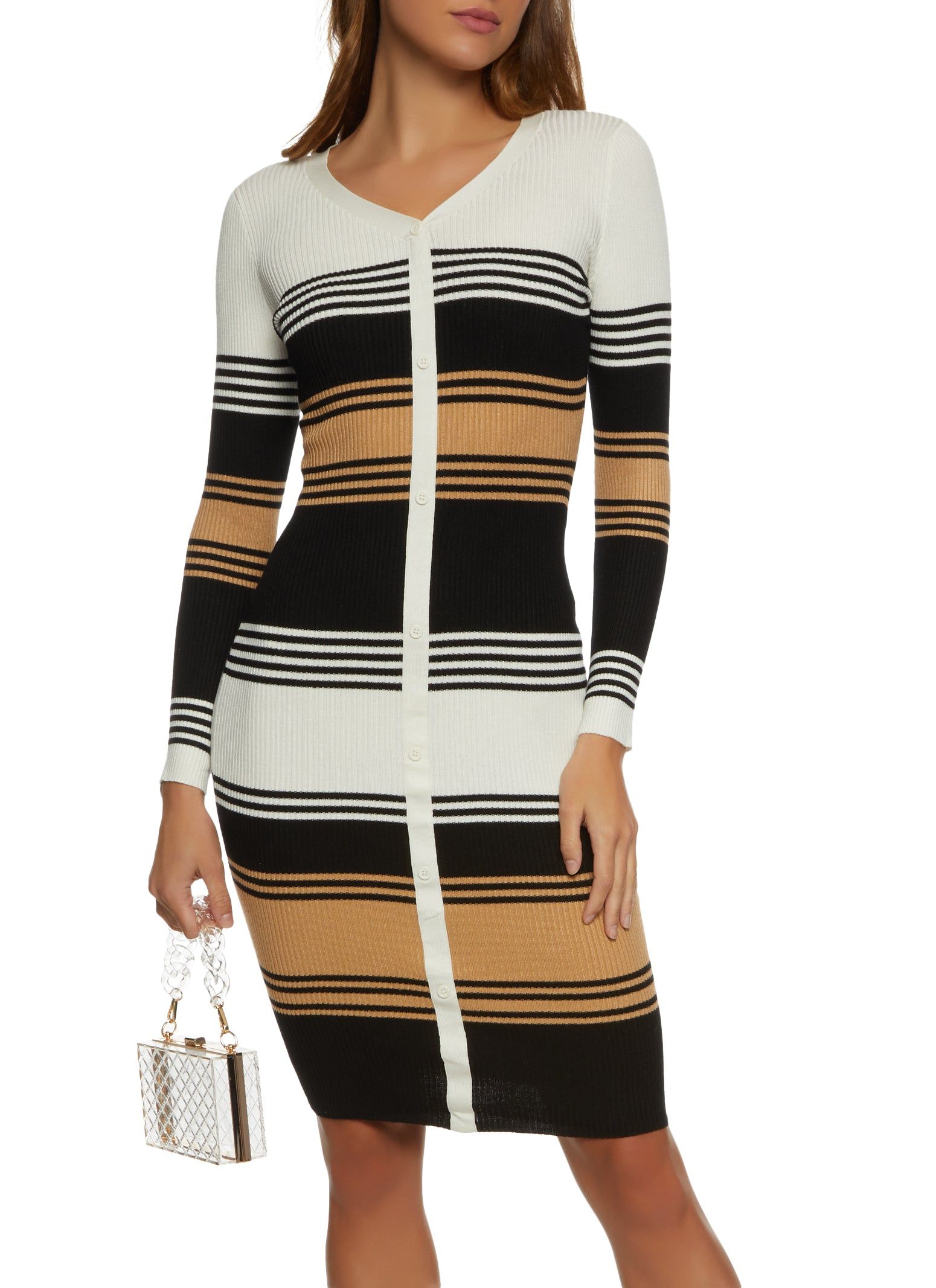 Ribbed Knit Striped Midi Sweater Dress sold by Rainbow