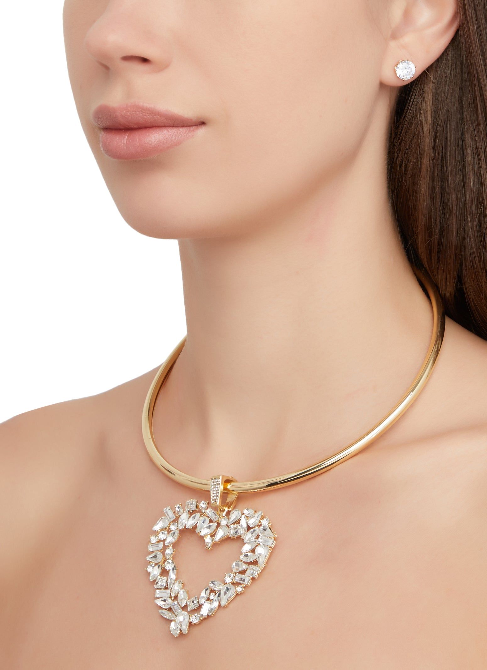 Cubic Zirconia Heart Collar Necklace with Stud Earrings sold by Rainbow