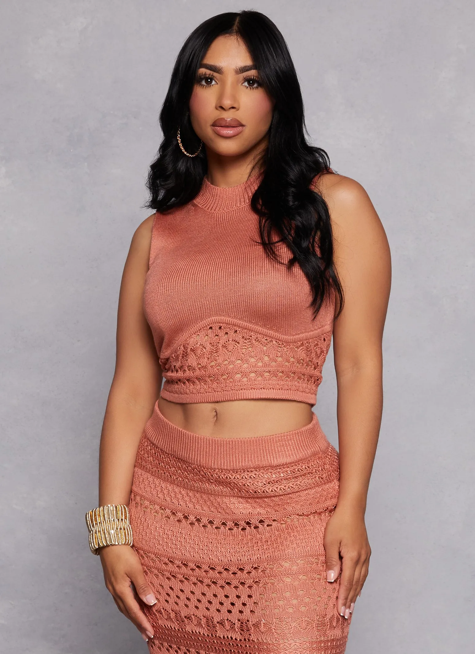 Almost Famous Ribbed Crochet Detail Mock Neck Tank Top sold by Rainbow