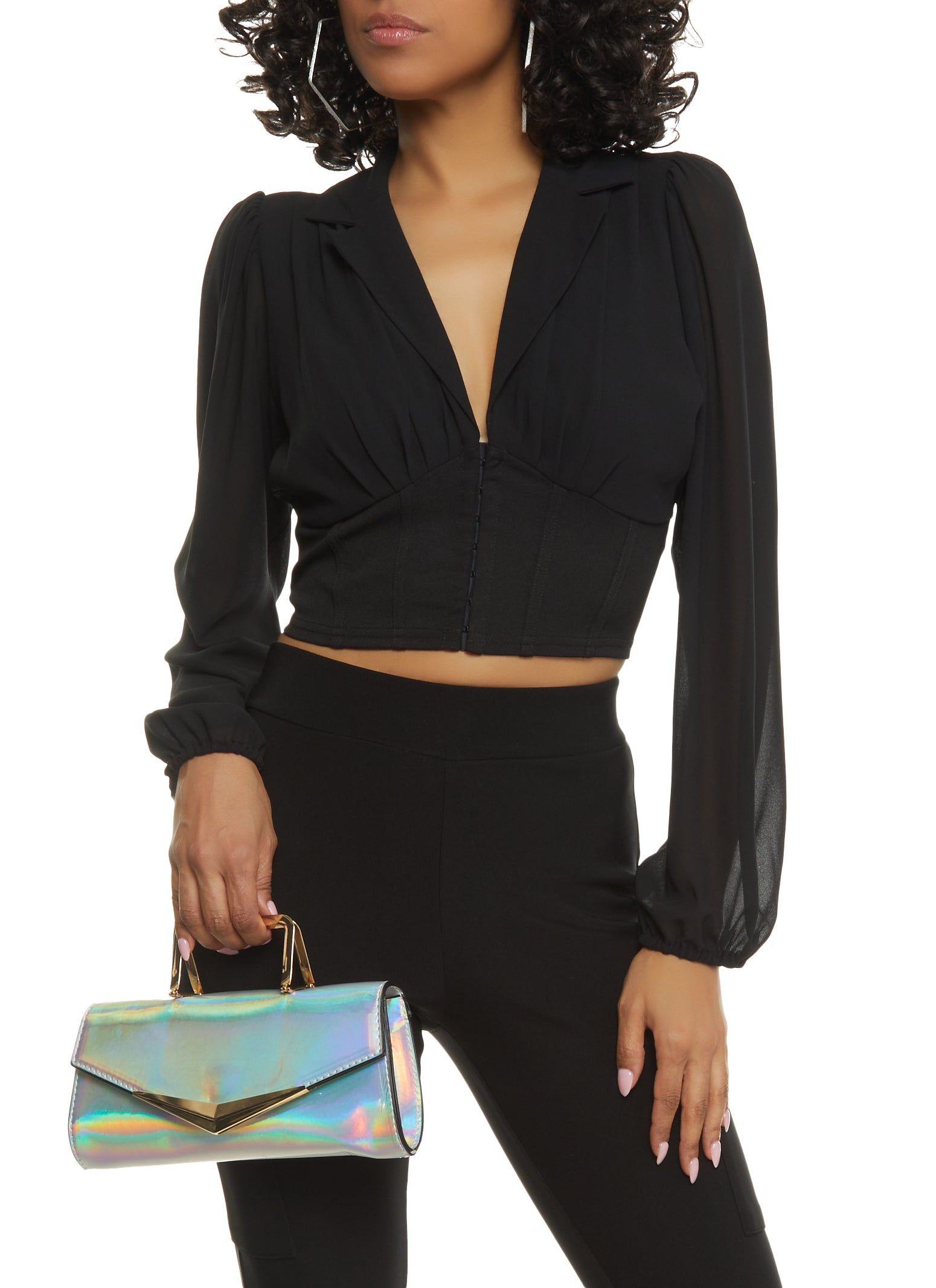 Pleated Button Front Crop Blouse sold by Rainbow