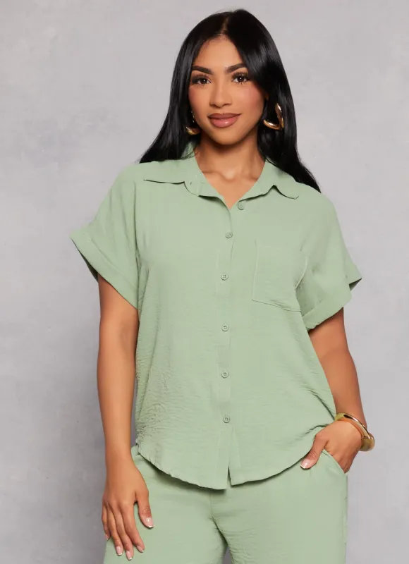 Gauze Knit Button Front Cuffed Sleeve Blouse sold by Rainbow