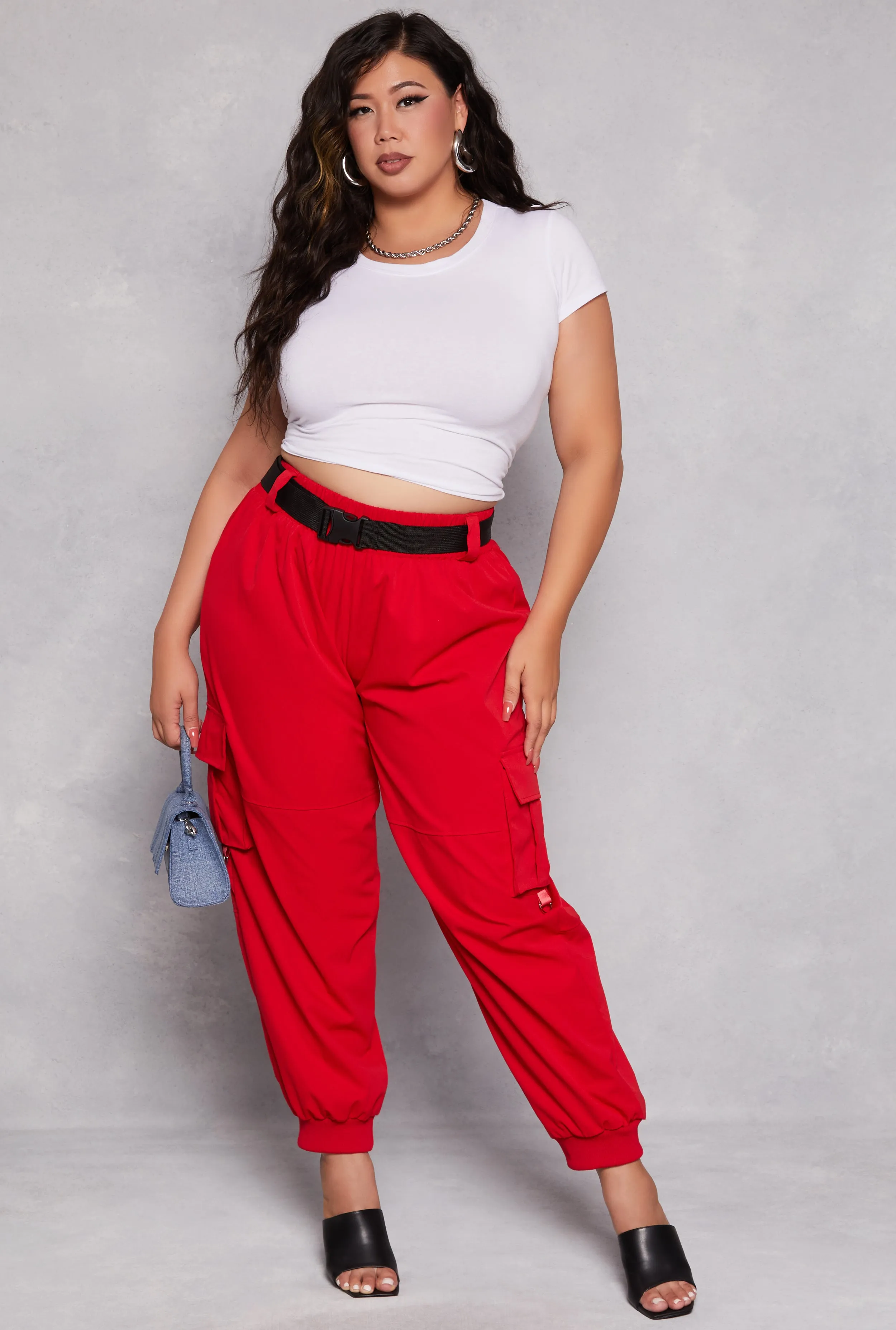Plus Size Poplin Buckle Belted Cargo Joggers sold by Rainbow