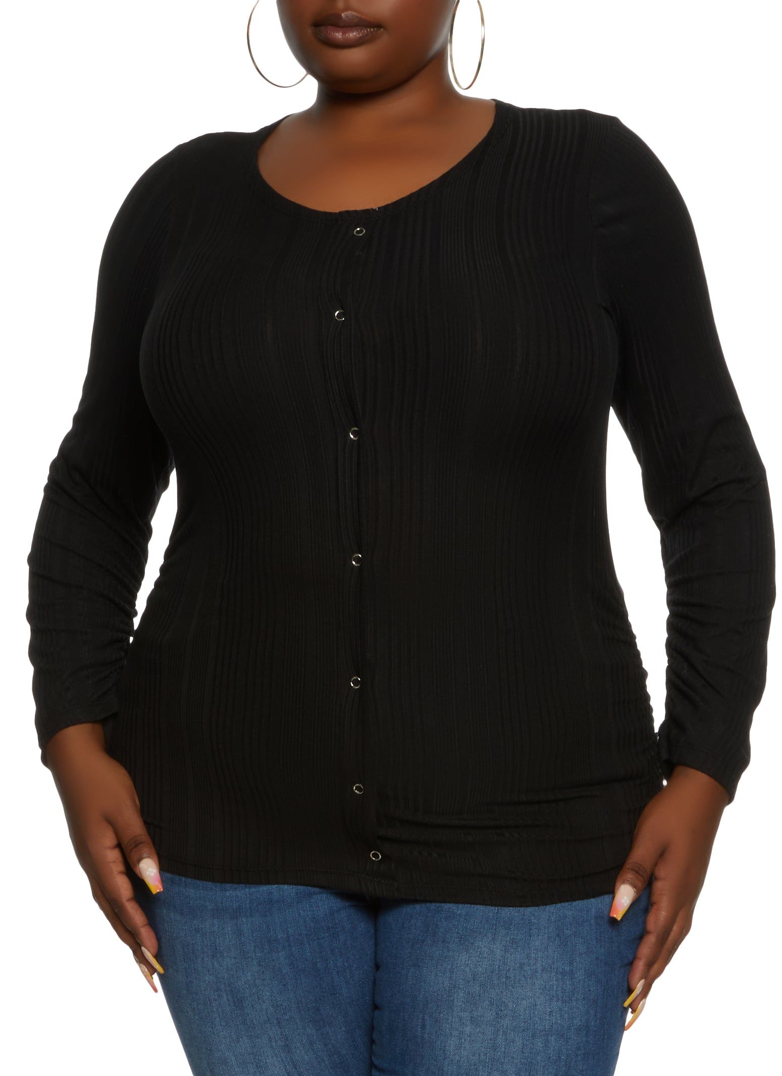 Plus Size Ribbed Snap Button Front Crew Neck Top sold by Rainbow