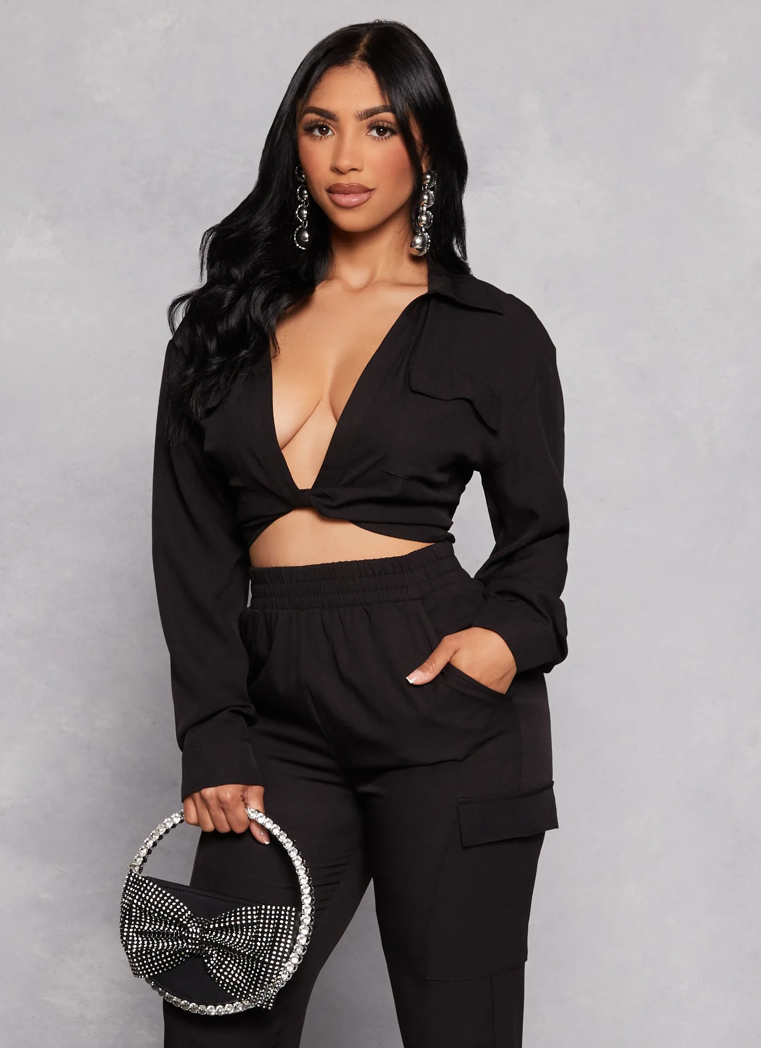 Crepe Knit Twist Front Pocket Detail Shirt sold by Rainbow