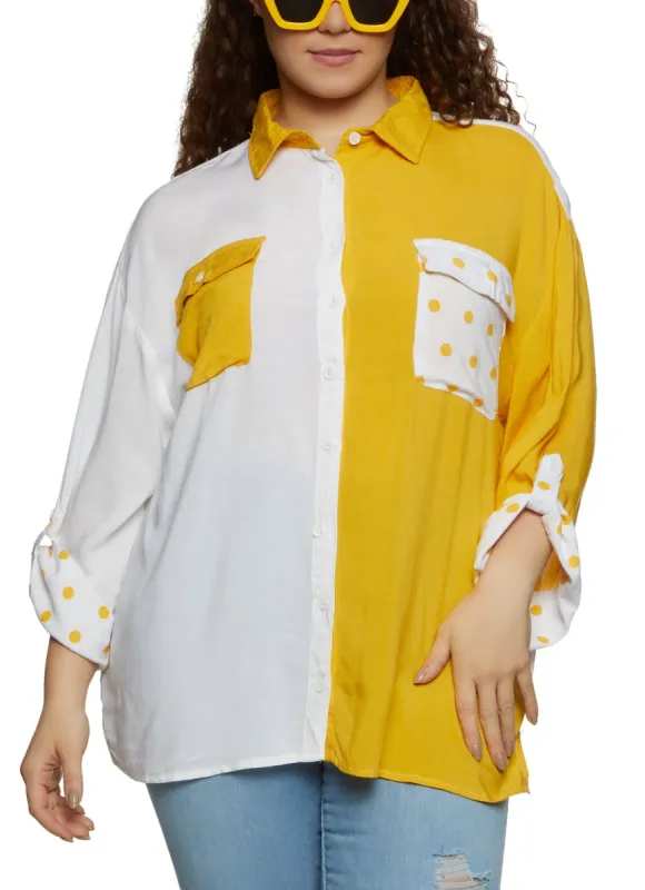 Plus Size Color Block Polka Dot Button Front Shirt sold by Rainbow