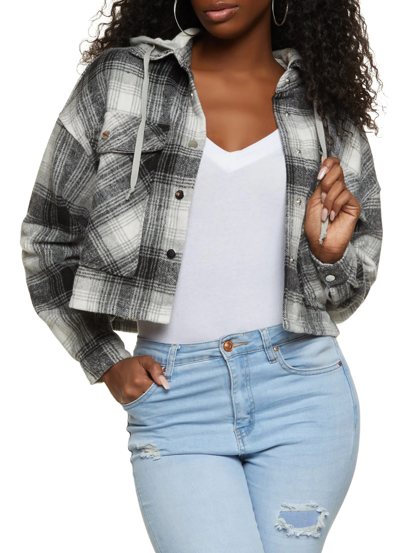 Plaid Cropped Button Front Hooded Shacket sold by Rainbow