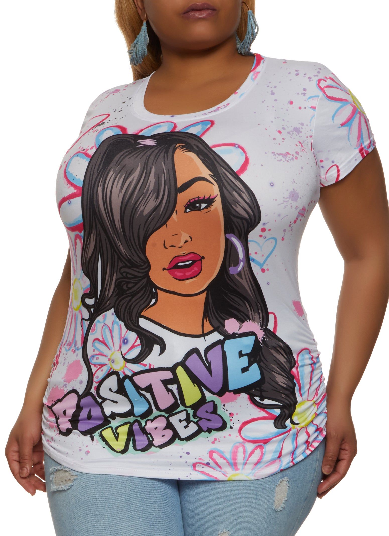 Plus Size Positive Vibes Graphic Print Tee sold by Rainbow