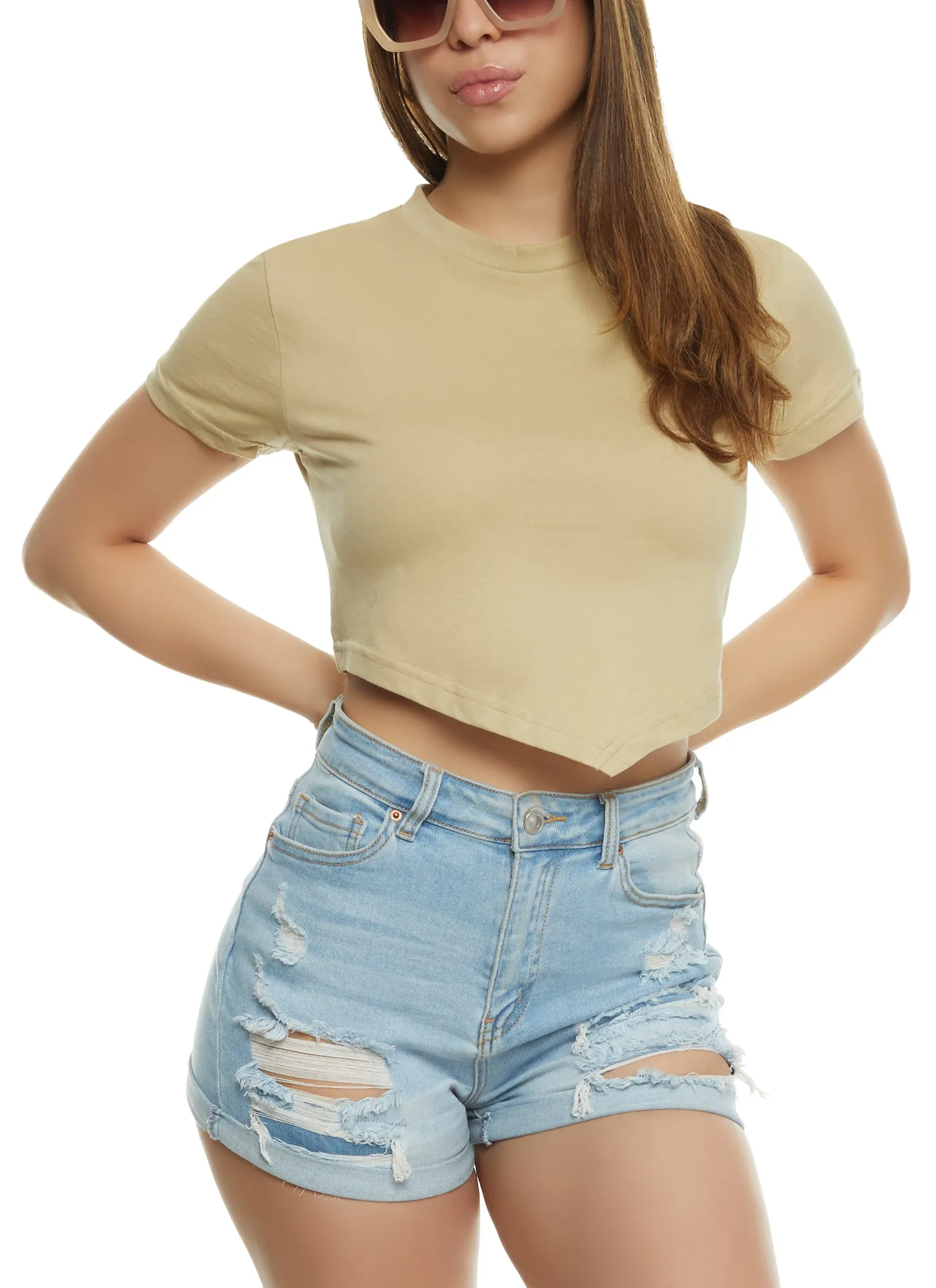 Crew Neck Hanky Hem Cropped Tee sold by Rainbow