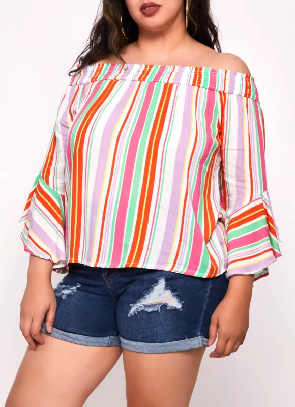 Plus Size Striped Bell Sleeve Off the Shoulder Top sold by Rainbow