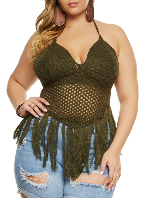 Plus Size Crochet Fringe Halter Top sold by Rainbow