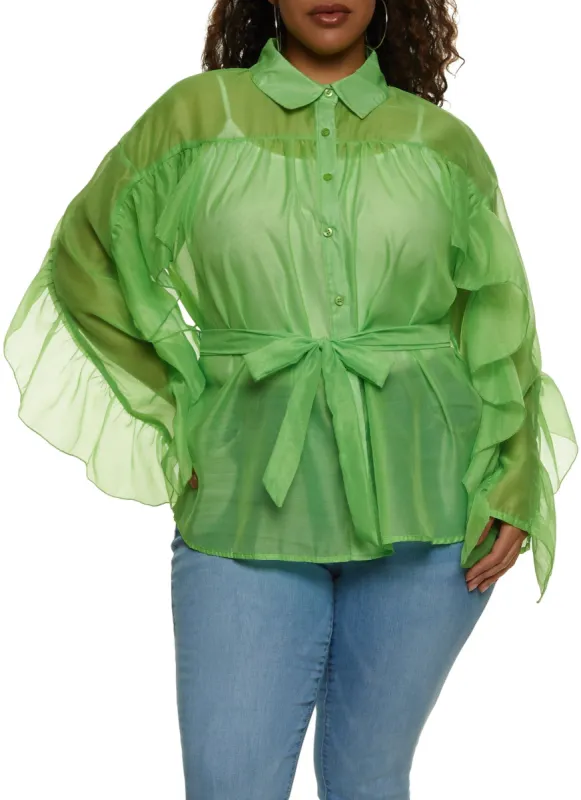 Plus Size Organza Tie Waist Button Front Shirt sold by Rainbow