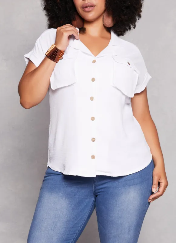 Plus Size Airy Flap Pocket Shirt sold by Rainbow