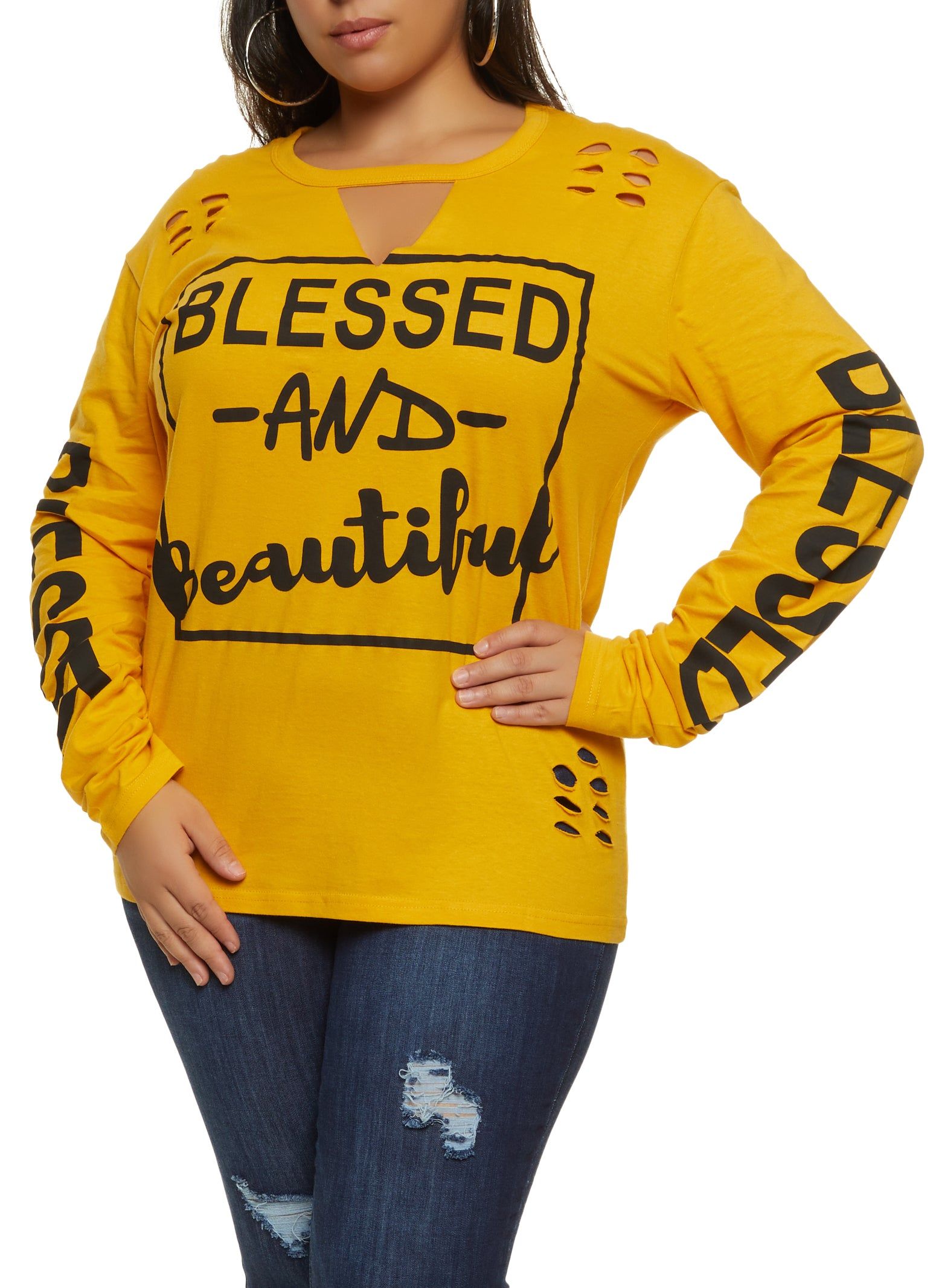 Plus Size Laser Cut Blessed and Beautiful Graphic Tee sold by Rainbow