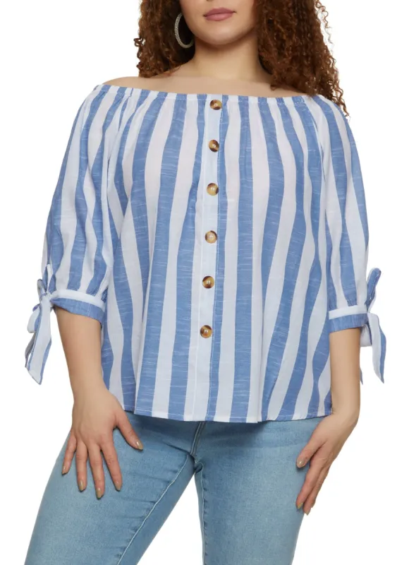 Plus Size Striped Faux Button Front Blouse sold by Rainbow