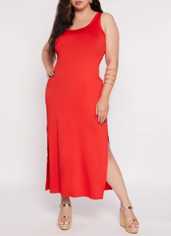 Plus Size Scoop Neck Side Slit Maxi Tank Dress sold by Rainbow