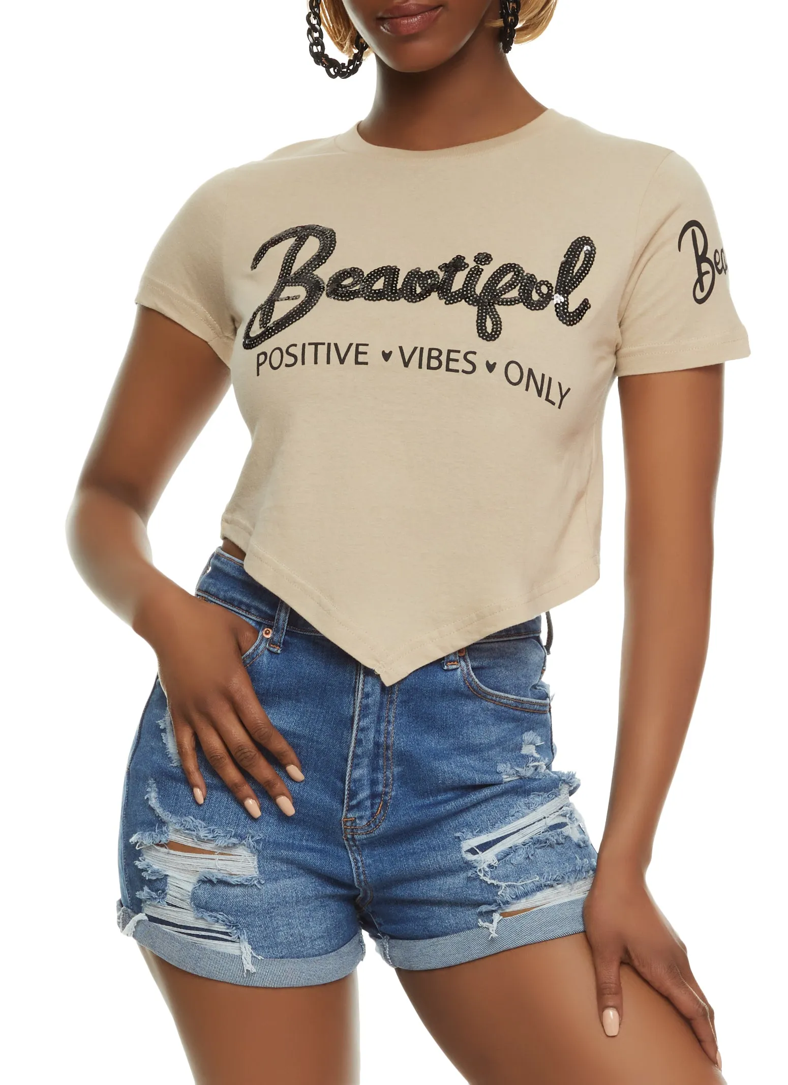 Sequin Beautiful Positive Vibes Only Hanky Hem Tee sold by Rainbow