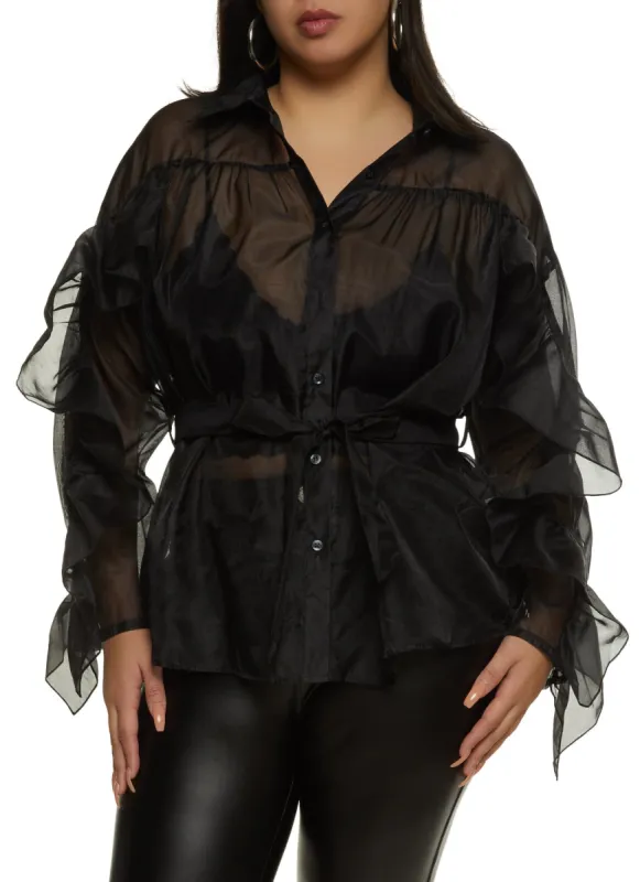 Plus Size Organza Tie Waist Button Front Shirt sold by Rainbow