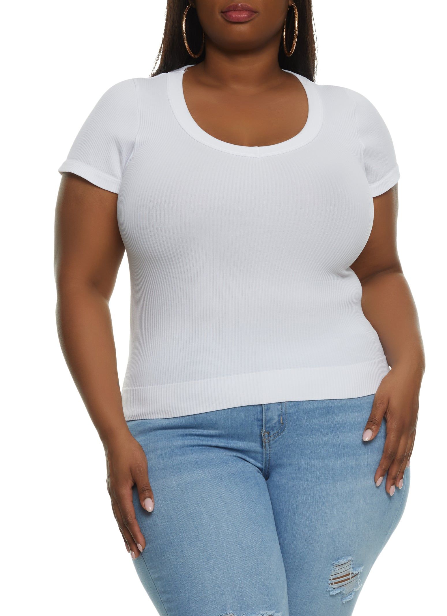 Plus Size Rib Knit Short Sleeve Seamless Tee sold by Rainbow
