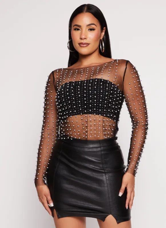 Haute Monde Mesh Rhinestone Faux Pearl Top sold by Rainbow