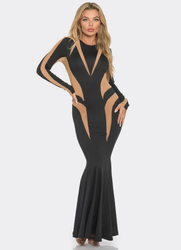 Mesh Color Block Long Sleeve Maxi Dress sold by Rainbow