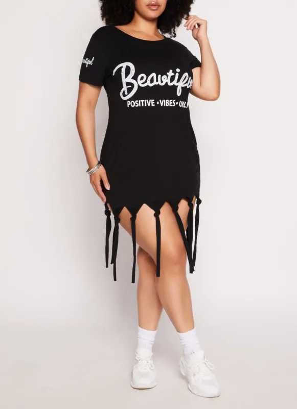 Plus Size Sequin Beautiful Positive Vibes Only Fringe Dress sold by Rainbow