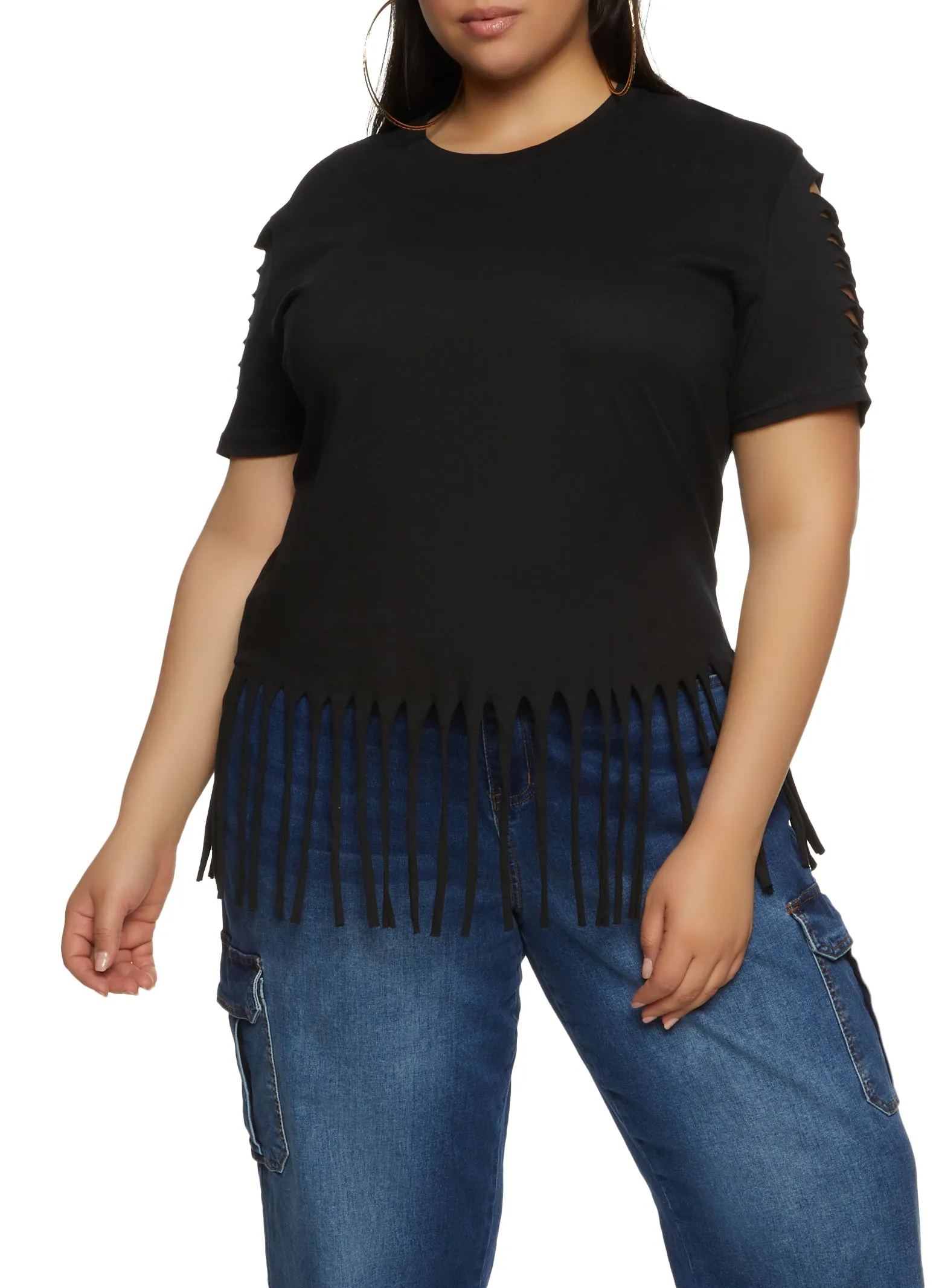 Plus Size Laser Cut Fringe Hem Tee sold by Rainbow