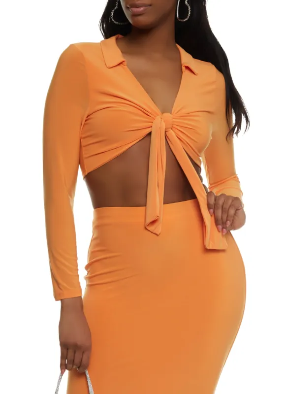Long Sleeve Tie Front Cropped Blouse sold by Rainbow