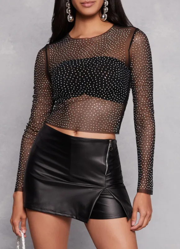 Iris Mesh Rhinestone Crew Neck Top made by iris