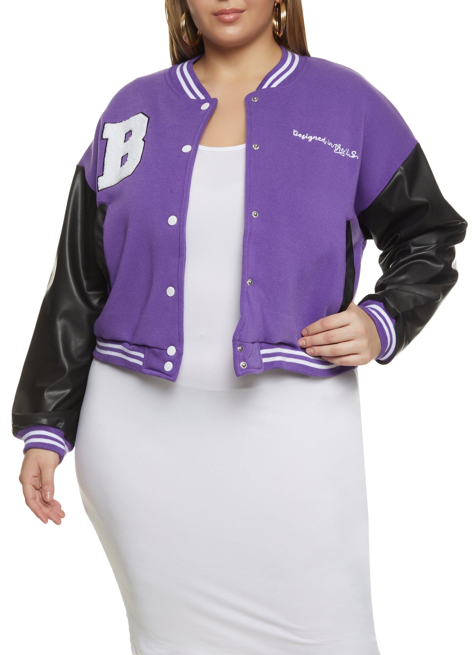 Plus Size B Initial Chenille Patch Varsity Jacket sold by Rainbow