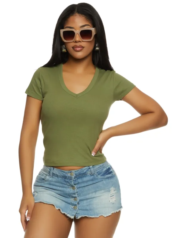 Basic Ribbed V Neck Short Sleeve Tee sold by Rainbow