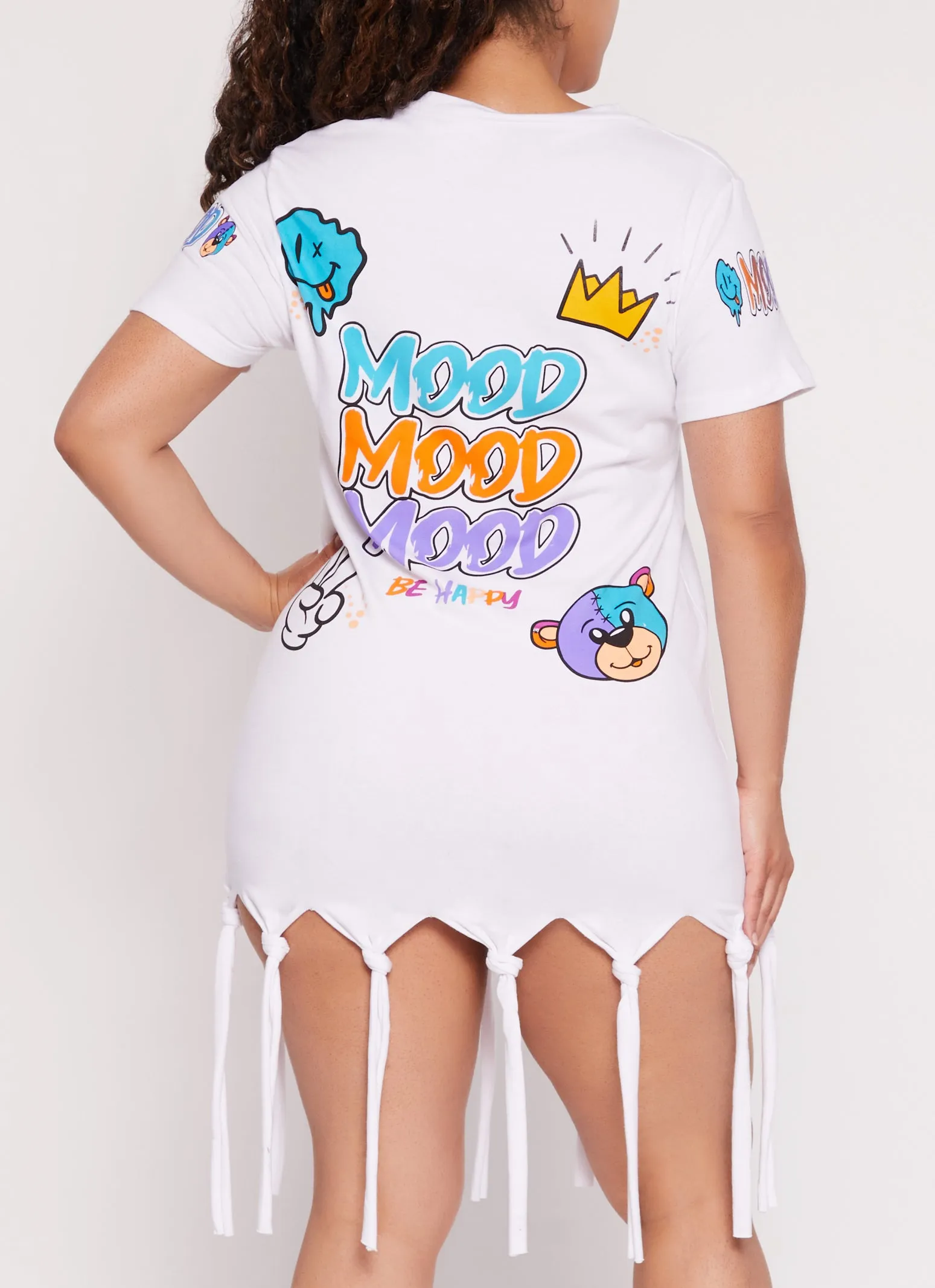 Plus Size Mood Be Happy Graphic Knot Fringe Dress sold by Rainbow