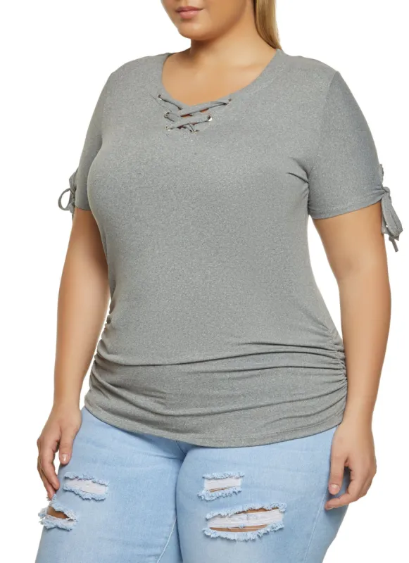 Plus Size Lace Up Tie Sleeve Ruched Top sold by Rainbow