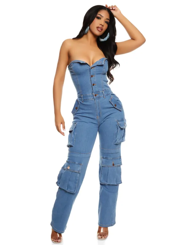 Daisy Strapless Cargo Denim Jumpsuit sold by Rainbow