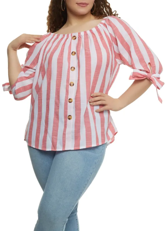 Plus Size Striped Faux Button Front Blouse sold by Rainbow