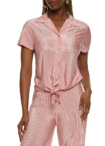 Plisse Button Down Tie Front Shirt sold by Rainbow